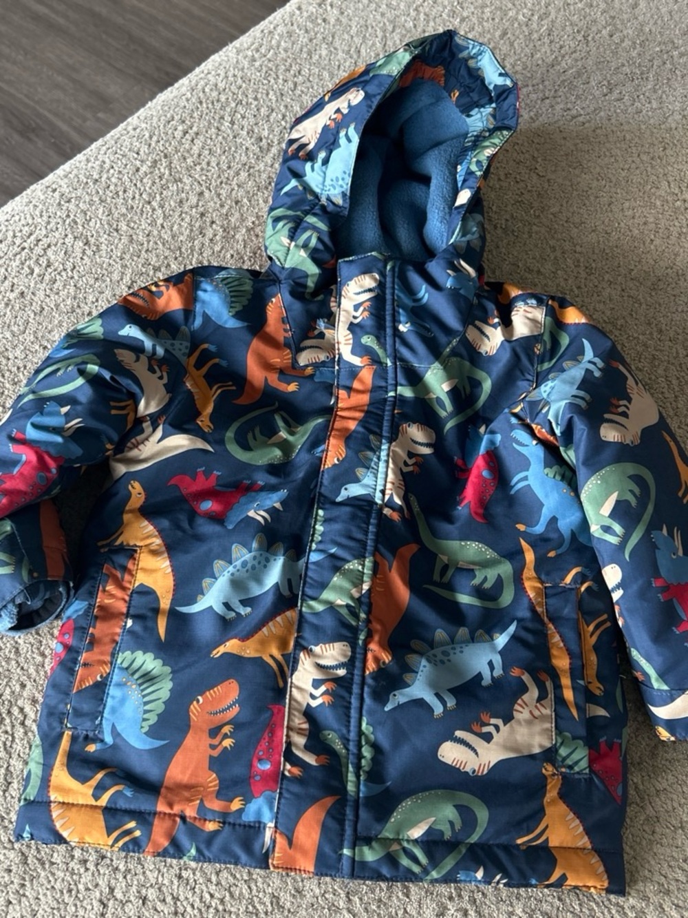 The Children's Place Navy Dinosaur Puffer Jacket with Multicolor Dino Print